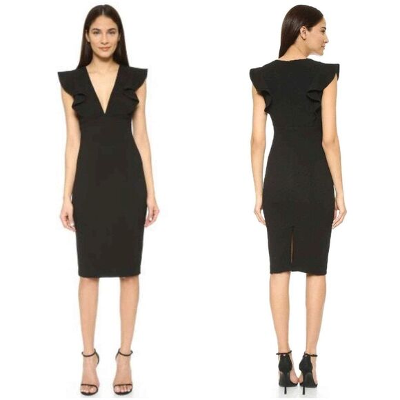 Black Halo Sheath Dress Size 8 V-Neck Ruffle Sleeves Made in USA - Picture 1 of 8
